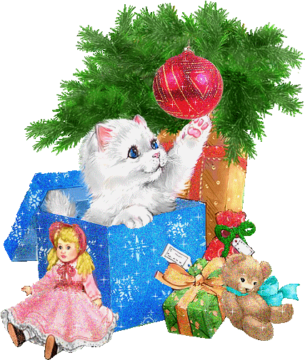 Картинка Белый котенок с подарками из коллекции Картинки анимация Новый год и Рождество 2024