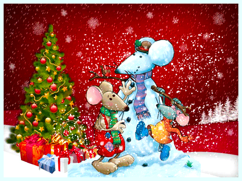 Картинка Крыса и снеговик у елки из коллекции Открытки поздравления С Новым годом 2025