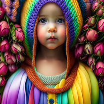 Ребенок в вязаной радужной шапочке