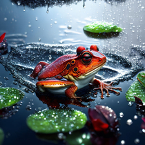 Красная лягушка на листе в луже