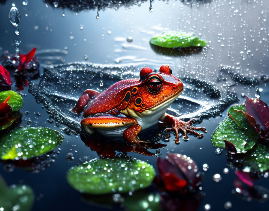 Красная лягушка на листе в луже - Животный мир