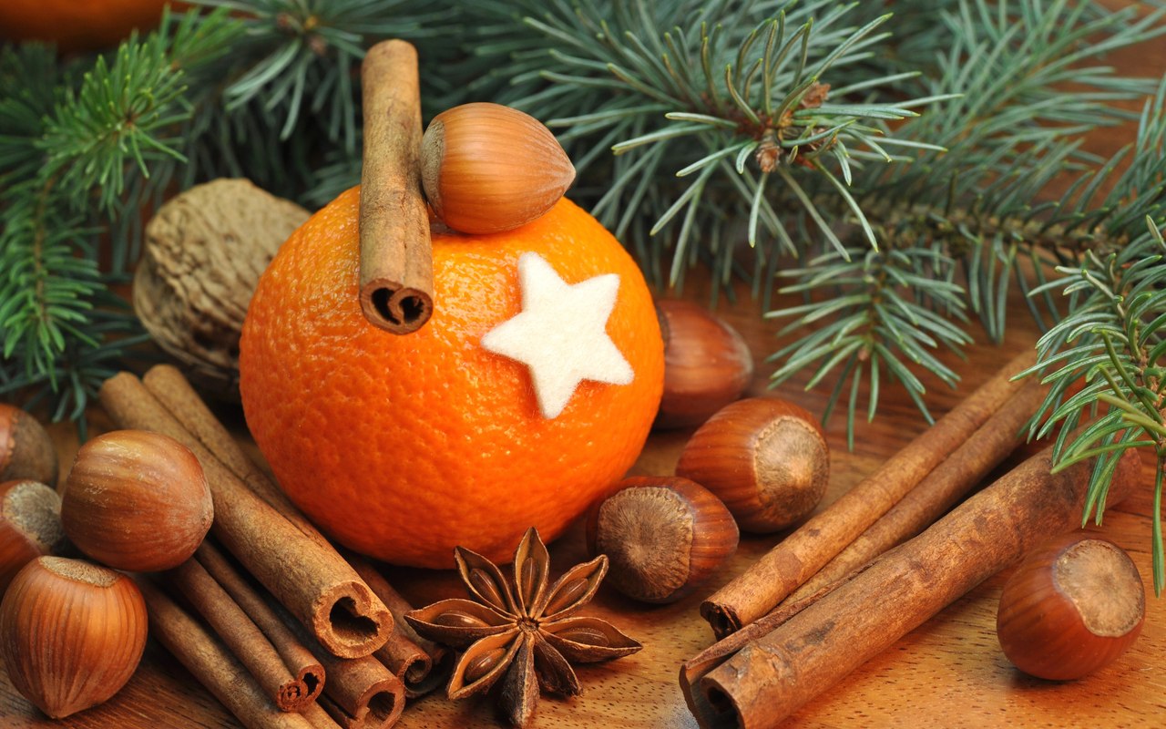 Картинка Апельсин орехи и корица из коллекции Обои для рабочего стола Новогодние обои