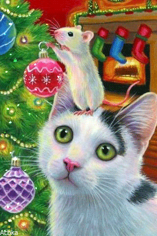 Мышка и кошка наряжают ёлку - Новогодние картинки